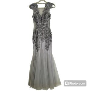 Elegant Silver Embellished Evening Dress